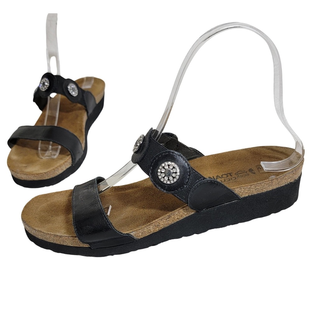 Naot Marissa Black Leather Rhinestone Slide Sandals Cork Wedge Sz 40 9 EUC